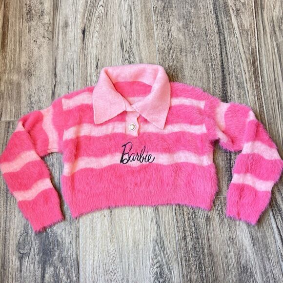 Barbie Sweaters - Barbie Pink Collar Crop Top preppy coquette soft fur chic stretch sweatshirt #50